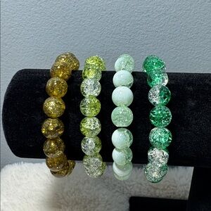 Glass Bead Stretch Bracelets Green Hues Set of 4